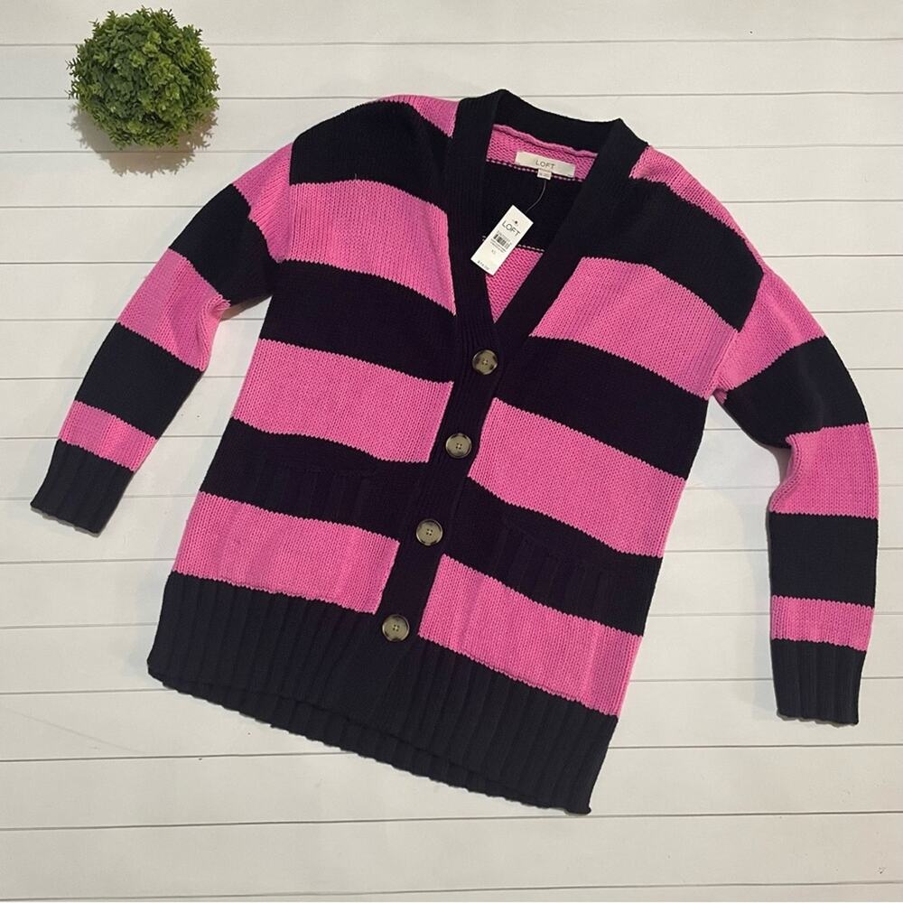 Loft NWT Bold Stripe Pink Blue Knit Cardigan Sweater Women’s Size XS